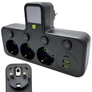 Мережевий фільтр трійник з підсвічуванням 3 розетки (2 USB+Type-C) Чорний