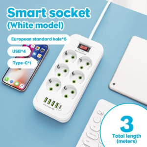 Подовжувач мережевий фільтр D6 (6×220В+4×USB+1×Type-C) Білий 3m