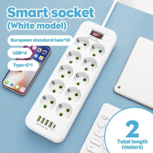 Мережевий фільтр Подовжувач USB D10 (10×220В+4×USB+1×Type-C) Білий, 5 м